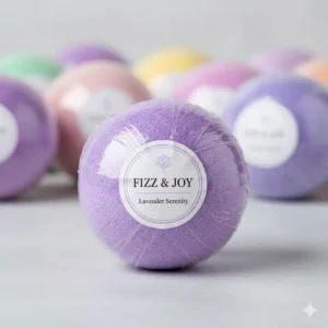 Close-up of a single scented bath bombs in bulk individually wrapped item, clearly showing the protective film.