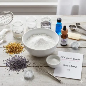 Ingredients laid out for making DIY inexpensive bath bombs at home to save money.