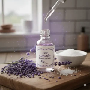 Close-up of high-quality ingredients used to make the best lavender bath bombs, including essential oil and salts.