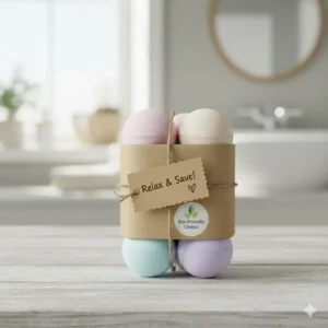 Close-up of simple, eco-friendly packaging for a set of inexpensive bath bombs.