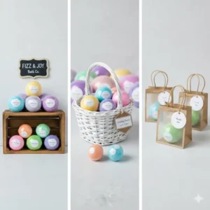 Retail shelf display or event favors using bath bombs in bulk individually wrapped items.
