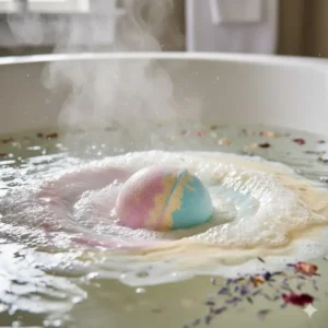 A fizzy, bubbling reaction as an affordable bath bomb dissolves in warm water.