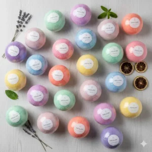 Assortment of different colors and scents of bath bombs in bulk individually wrapped for diverse inventory.