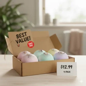A multi-pack set of best value bath bombs shown with a price tag indicating low cost.