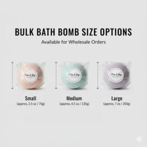 Size chart comparing small, medium, and large bath bombs in bulk individually wrapped options available for order.