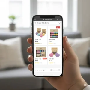 Smartphone screen showing online shopping results for budget-friendly bath bombs and deals.