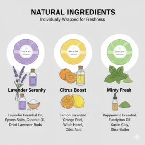 Infographic highlighting the natural and organic ingredients used in these bath bombs in bulk individually wrapped.