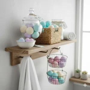 Creative storage ideas for inexpensive bath bombs on a bathroom shelf.