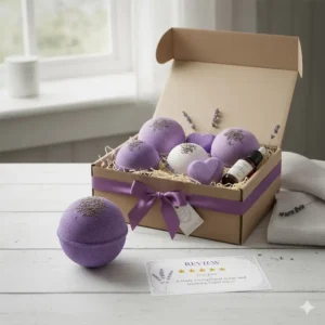 Elegant photo of a wrapped gift box containing a set of the best lavender bath bombs for a calming present.