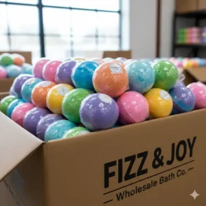 Photo of a happy customer unboxing a large order of bath bombs in bulk individually wrapped received from the supplier.