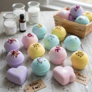 A lovely DIY gift basket featuring inexpensive bath bombs and other low-cost self-care items.