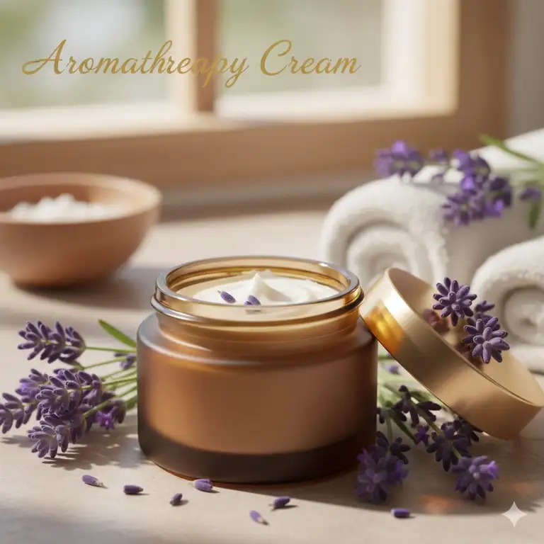 A luxurious jar of lavender aromatherapy cream, gently placed next to fresh lavender sprigs, highlighting natural ingredients and relaxation benefits.
