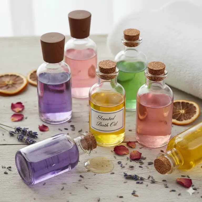 Scented bath oil in decorative glass bottles, showcasing various aromatherapy essential oils like lavender and rose.