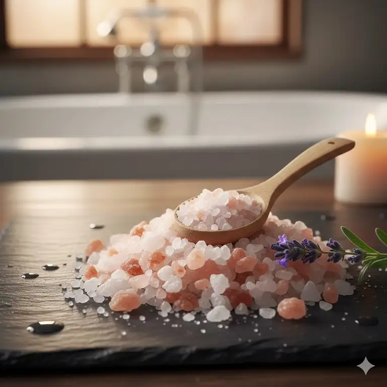 A close-up shot of a variety of natural bath minerals, including pink Himalayan salt and white Dead Sea salt, next to a wooden spoon and a sprig of lavender for a luxurious, relaxing soak.