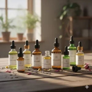 A collection of small glass bottles containing the best essential oils for bath bombs, such as lavender and chamomile, displayed on a wooden surface.