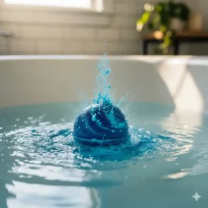 Close-up shot of a dark Blue Bath Bombs Bulk fizzing and dissolving in clear, warm water, creating a colorful effect.