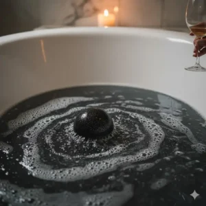 A dark black bath bomb actively fizzing in a tub, creating swirling gray and black water.