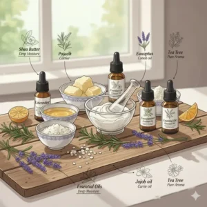 Close-up illustration of natural ingredients like essential oils, shea butter, and carrier oils used to make high-quality aromatherapy cream.