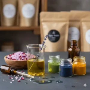 Close-up of raw ingredients like essential oils and natural colorants used by premium bath bomb wholesale suppliers.
