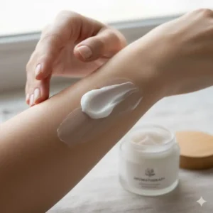 Close-up of a woman gently applying moisturizing aromatherapy body cream to her arm for smooth skin.