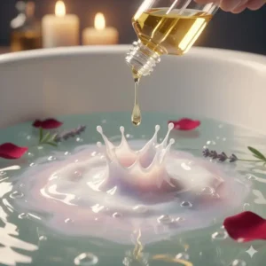 Luxurious scented bath oil dripping into warm water, creating a milky, moisturizing effect.