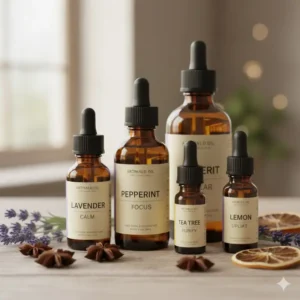 Close-up of essential oils bottles, the core components of an aromatherapy set, including popular scents like lavender and peppermint.