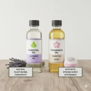 A side-by-side comparison of essential oils and synthetic fragrance oils commonly used in bath bomb recipes.