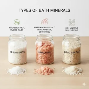 Infographic showing the key differences between various bath minerals and salts, such as magnesium-rich Epsom salts and mineral-packed Dead Sea salts.