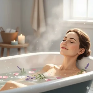 A woman closing her eyes and relaxing in a warm bathtub infused with therapeutic bath salts, emphasizing the stress-relieving benefits.