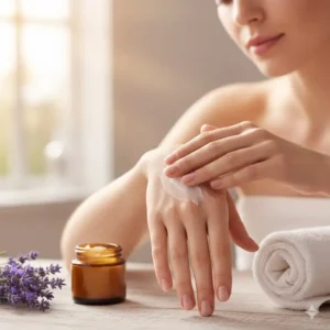 A woman gently massaging an aromatherapy cream into her hands, emphasizing moisturization and the therapeutic benefits of the scent.