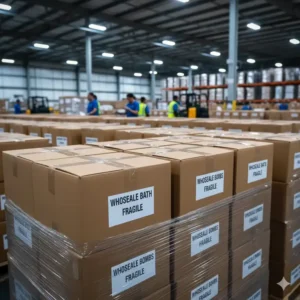 Boxes stacked with bulk orders, showing secure packaging for shipping from wholesale bath bomb suppliers.