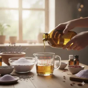 Hand pouring a natural carrier oil into a measuring cup for a bath bomb recipe, demonstrating the correct amount of bath bomb oils.