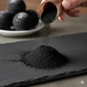 Close-up of activated charcoal powder, the key natural ingredient used to color black bath bombs.