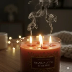 The wicks of a frankincense and myrrh candle bath and body works burning, with smoke gently rising, highlighting the illumination.
