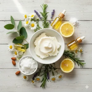 Natural ingredients for aromatherapy body cream, including coconut oil, shea butter, and fresh botanical extracts.