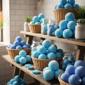 Retail display shelves showcasing an attractive arrangement of Blue Bath Bombs Bulk for easy browsing.