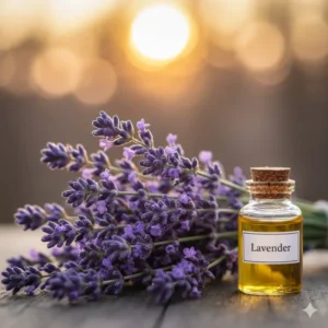 A sprig of fresh lavender, representing the natural fragrance and relaxation benefits of scented bath oil.