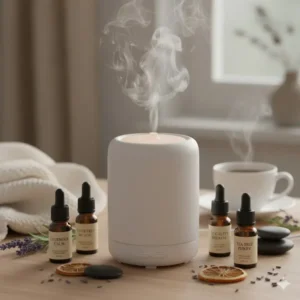 A modern ceramic essential oil diffuser operating, showing the mist and soft light, a key component of an aromatherapy set.