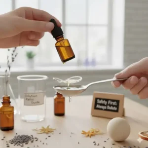 Dropper bottle of fragrance oil near a measuring spoon, highlighting the importance of proper dilution for safe use.