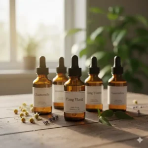 Assortment of amber dropper bottles with essential oils like chamomile and ylang-ylang, used to create scented and relaxing bath salts blends.