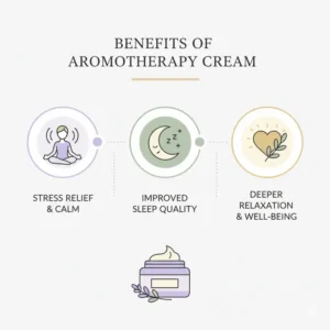 Graphic depicting the key benefits of using aromatherapy cream, such as stress relief, relaxation, and improved sleep quality.