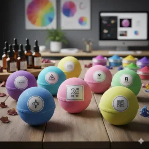 Display of different scented and colored bath bombs, highlighting customization and private label options offered by wholesale bath bomb suppliers.
