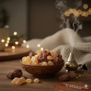 Natural resins of frankincense and myrrh next to a frankincense and myrrh candle bath and body works, emphasizing the scent components.