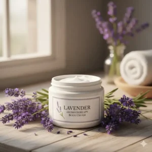 Jar of lavender-scented aromatherapy body cream surrounded by fresh purple lavender sprigs for relaxation.