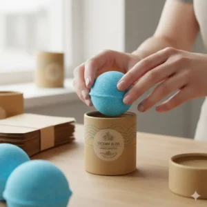 A pair of hands carefully placing scented Blue Bath Bombs Bulk into ready-to-ship packaging boxes.