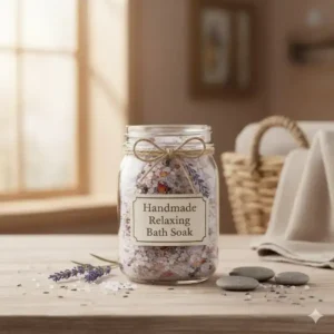 A small, decorated mason jar filled with homemade relaxing bath salts, tied with a ribbon, ready to be given as a thoughtful gift.