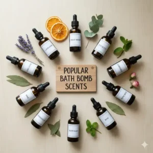 Assortment of small bottles of scented oils in popular fragrances like lavender, citrus, and peppermint for homemade bath bombs.