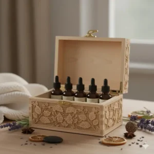 Aromatherapy set housed in a beautiful, engraved wooden storage box to keep the essential oils organized and protected from light.