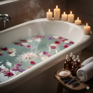 A relaxing, dimly lit bathtub filled with warm water, showcasing floating flower petals and dissolving bath minerals for aromatherapy and stress relief.