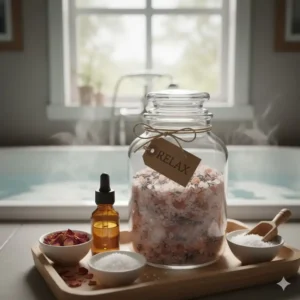 Small glass bottles of essential oils (like eucalyptus or chamomile) being blended into a bowl of dry therapeutic bath salts mixture for aromatherapy.